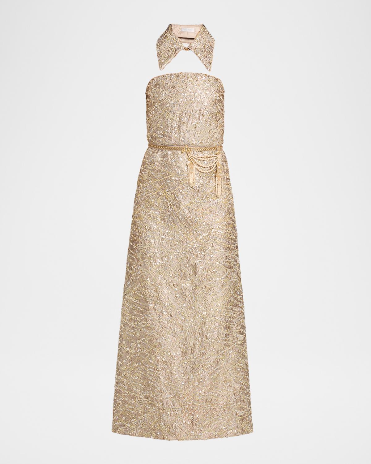 Reem Acra Collared Strapless Embellished Midi Cocktail Dress
