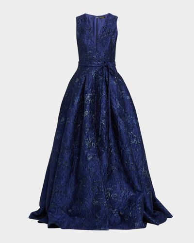 Reem Acra Deep V-Neck Textured Metallic Jacquard Ball Gown