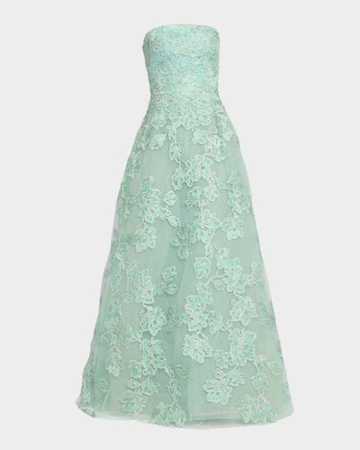 Reem Acra Floral Metallic Raffia Embroidered Tulle Strapless Gown