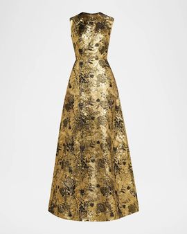 Reem Acra Metallic Floral Brocade Sleeveless A-Line Gown