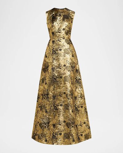 Reem Acra Metallic Floral Brocade Sleeveless A-Line Gown