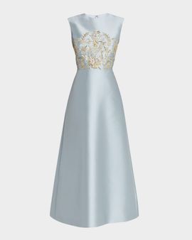 Reem Acra Petals, Spice, and Whispers of Plumage Embroidered Satin Dress