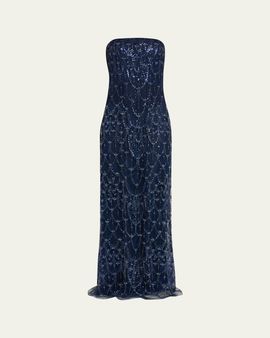 Reem Acra Strapless Crystal Embellished Evening Gown