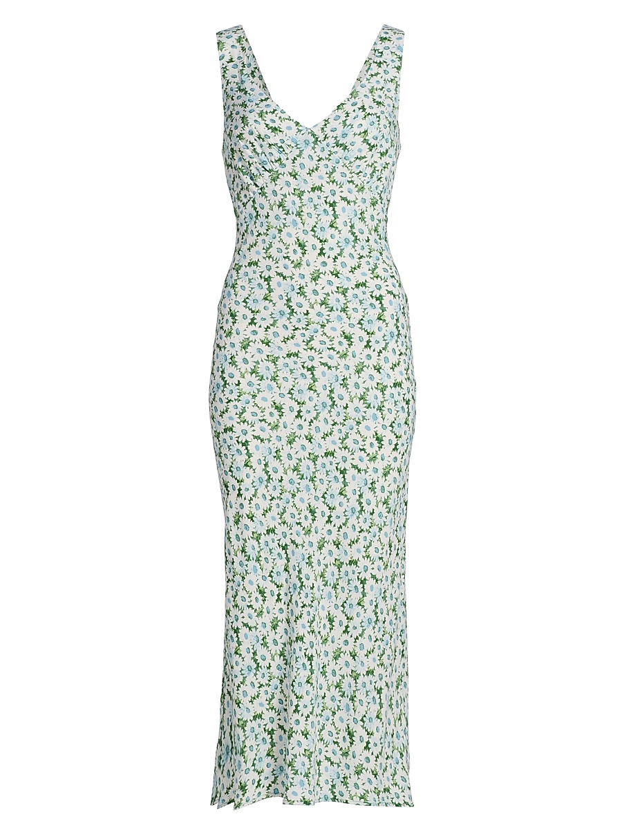 reformation green daisy dress off shoulder sleeves