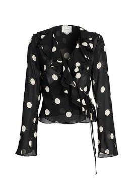 Reformation Women's Kilah Polka Dot Georgette Wrap Top