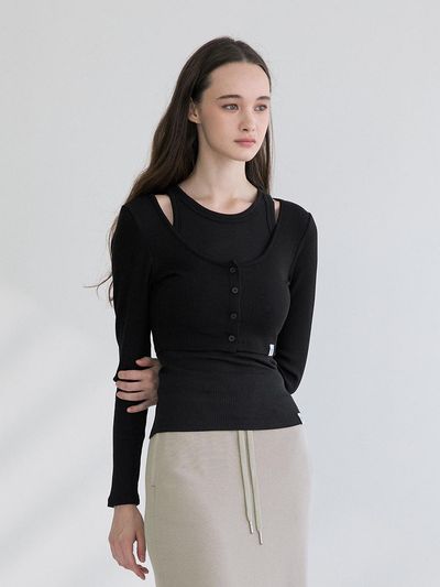 REINAMORA Fine Ribbed Cropped Cardigan_Black