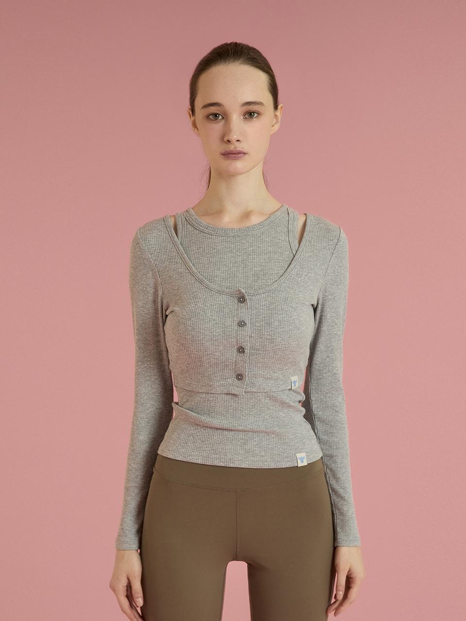 REINAMORA Fine Ribbed Cropped Cardigan_Melange Gray