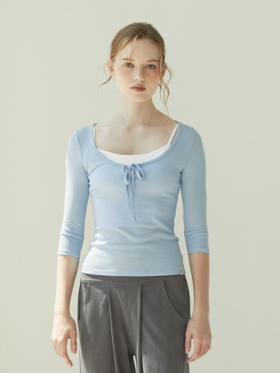 REINAMORA shell string U-neck 7 sleeve T-shirt_angel's blue