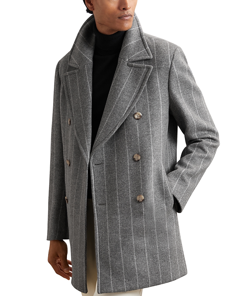 Reiss - Bergamo Chalk Stripe Double Breasted Wool Peacoat