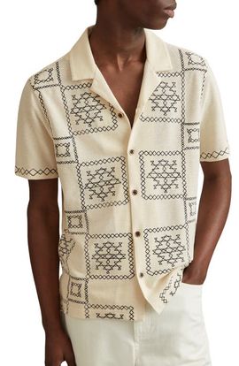 Reiss Reiss Cosmos Embroidered Short Sleeve Cotton Button-Up Shirt