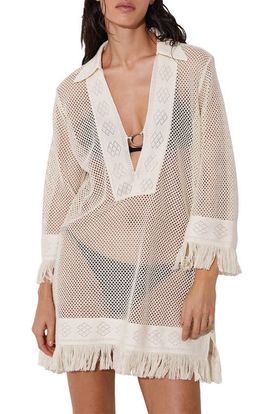Reiss Reiss Fabrienne Fringe Long Sleeve Sheer Cover-Up Tunic