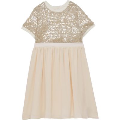 green emerald velvet dress REISS Kids Metallic Rose Gold Sequin Layered Long Sleeve Dress 5-6 Yea –  Reliked main image 1