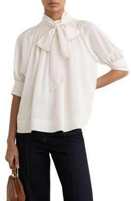 Reiss Reiss Lerina Smocked Tie Neck Puff Sleeve Top