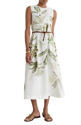 Reiss Reiss Palma Palm Print Linen Midi Dress