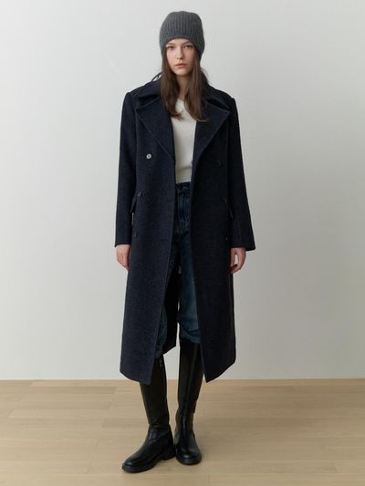 RE_L Double Wool Textured Straight Fit Coat [Navy]