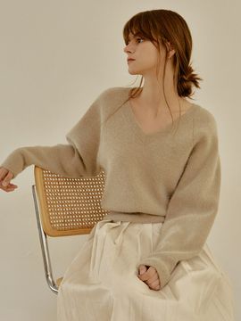 RE_L Logo V neck Knit_Beige