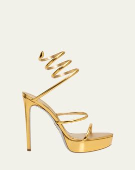 Rene Caovilla 130mm Metallic Leather Platform Snake-Wrap Sandals