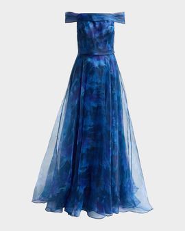 Rene Ruiz Collection Floral Organza Off-The-Shoulder Gown