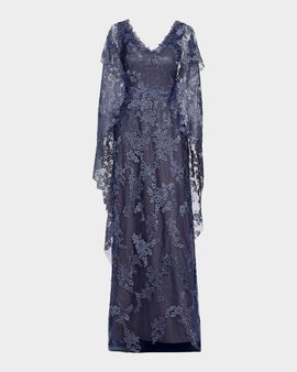 Rene Ruiz Collection V-Neck Lace Cape Gown