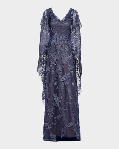 Rene Ruiz Collection V-Neck Lace Cape Gown