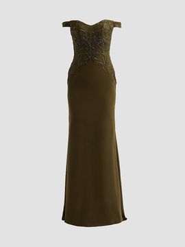 Rene Ruiz Collection Women's Embroidered Crêpe Off-the-Shoulder Gown