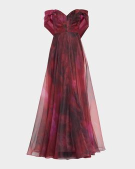 Rene Ruiz Collection Wrap-Sleeve Off-the-Shoulder Organza Gown