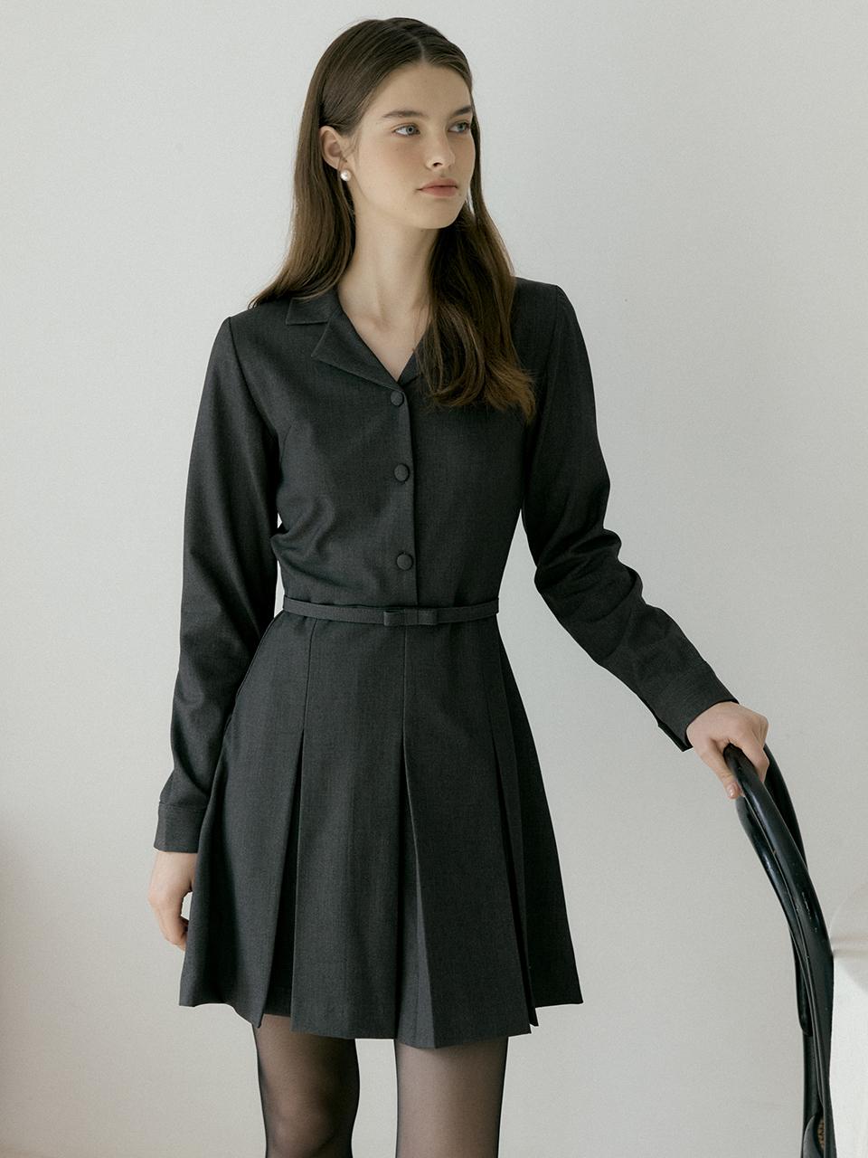 REORG Collar Pleats Mini Dress [ASH BROWN]
