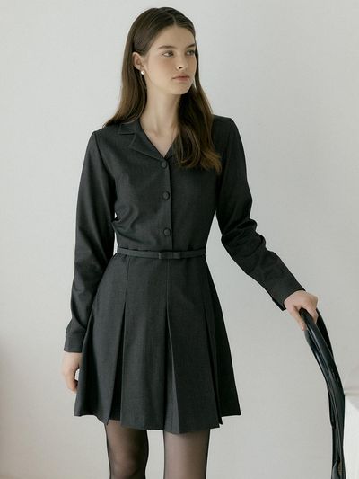 REORG Collar Pleats Mini Dress [ASH BROWN]