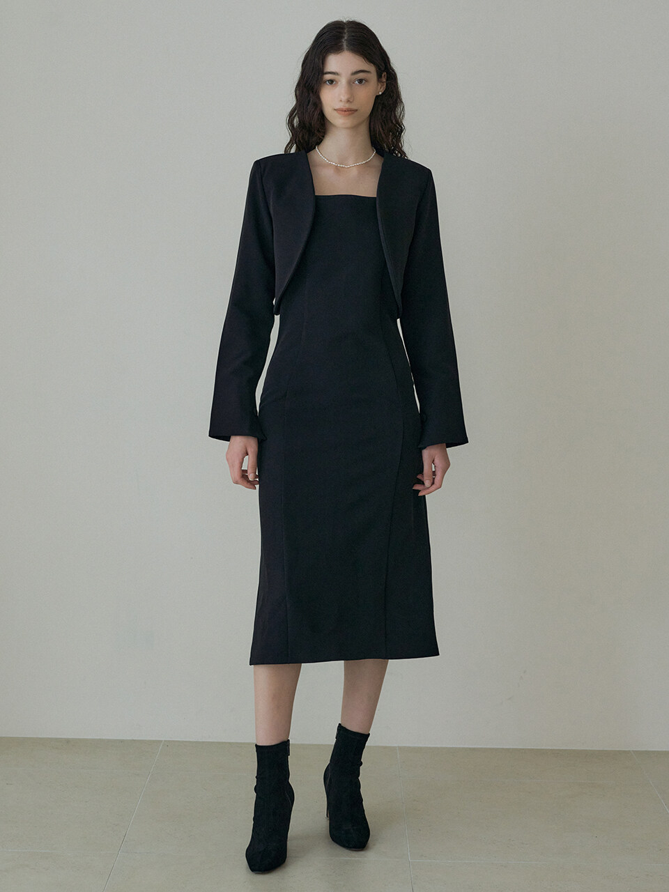 REORG DRO Bolero Jacket and Strap Dress Set _ Black