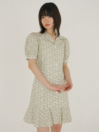 REORG FJD Flower Square Collar Button Dress_Light Green