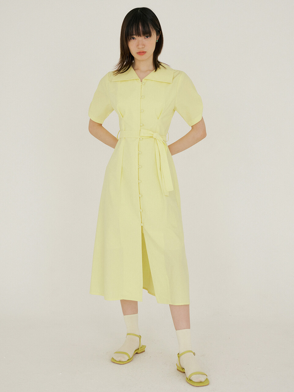 REORG FJD Pattern Sleeve Shirring Dress Yellow