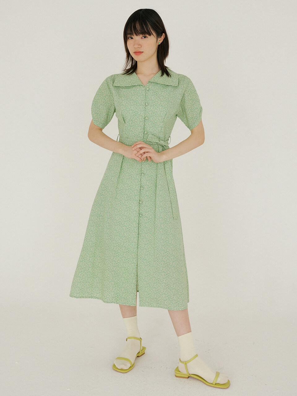 REORG FJD Pattern Sleeve Shirring Dress_Yellow Green