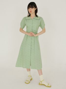 REORG FJD Pattern Sleeve Shirring Dress_Yellow Green