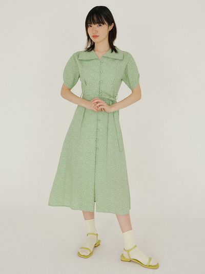 REORG FJD Pattern Sleeve Shirring Dress_Yellow Green