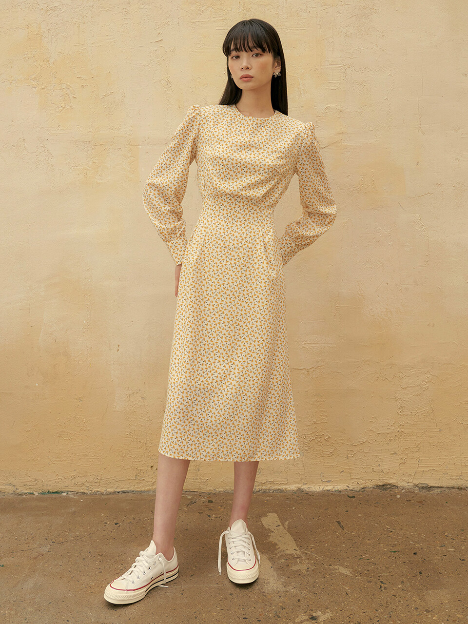 REORG FSTS Flower Pattern Tucked Long Dress_Yellow