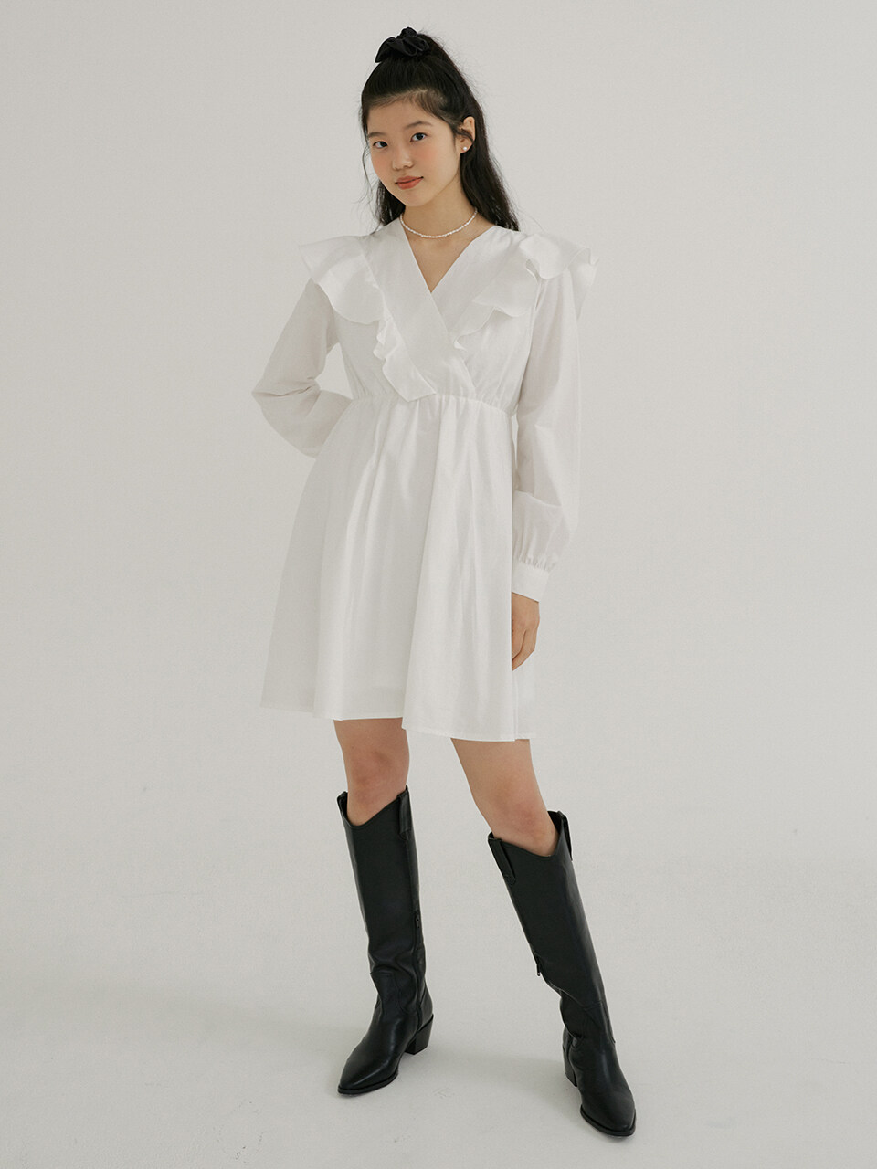 REORG KACK Frill V-neck Mini Dress (White)