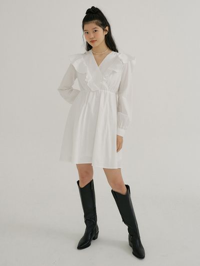 REORG KACK Frill V-neck Mini Dress (White)