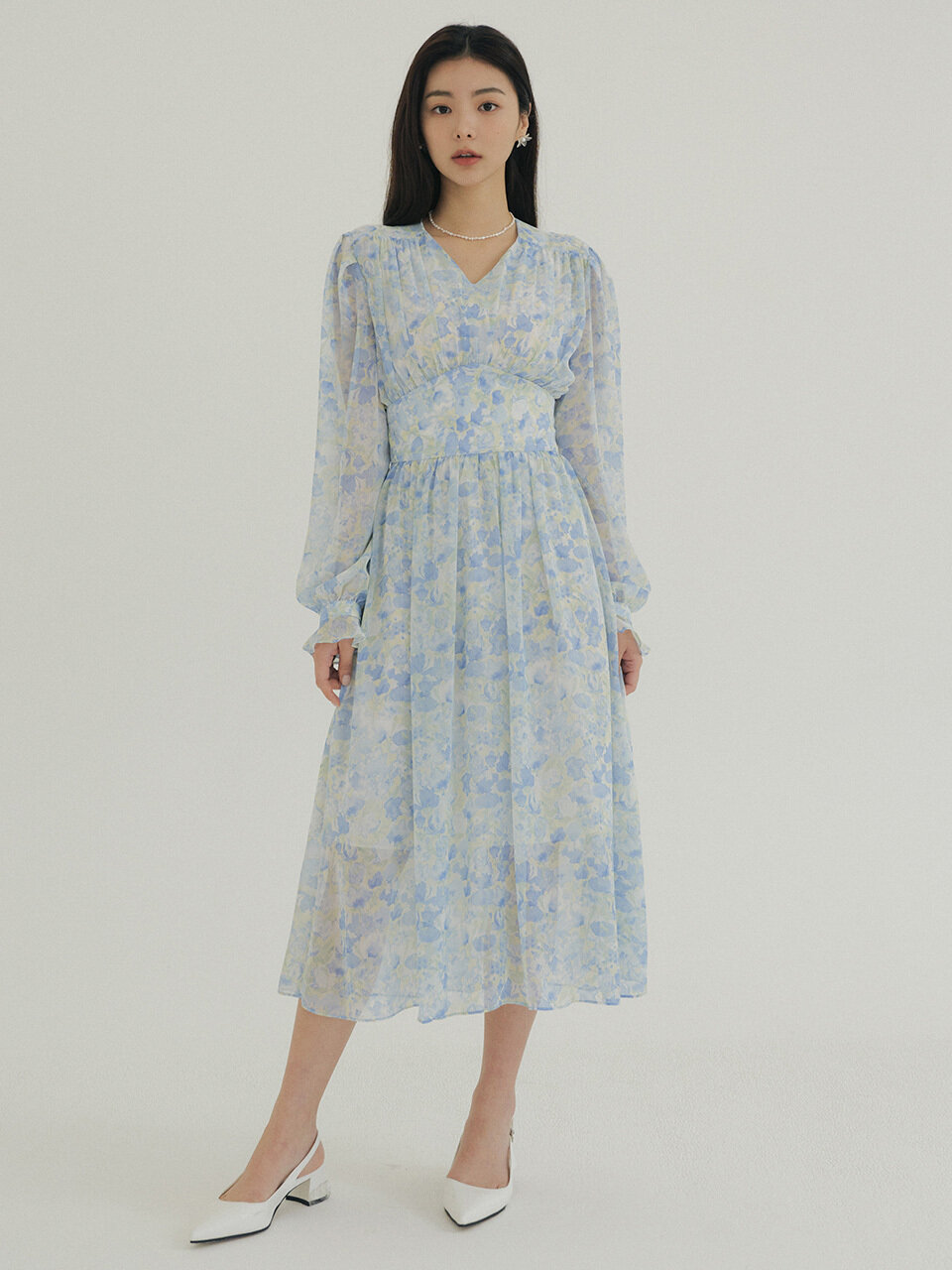REORG KACK Pastel Flower Pattern Chiffon Dress (Blue)