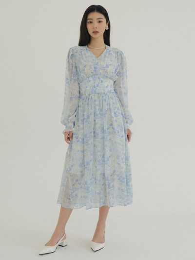 REORG KACK Pastel Flower Pattern Chiffon Dress (Blue)
