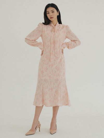 REORG KACK Ribbon Flower Pattern Long Dress (Peach)