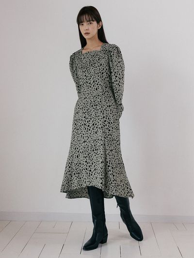 REORG Nue Puff-Sleeve Square Neck Dress Khaki