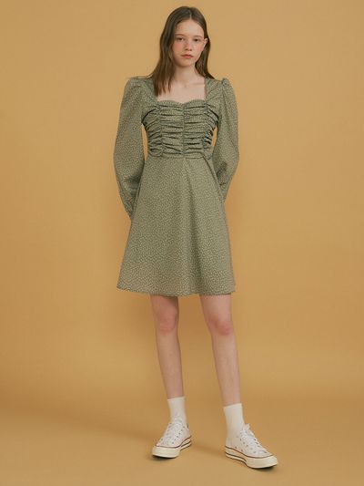 REORG Pod Heart-neck Floral Pattern Dress_Khaki