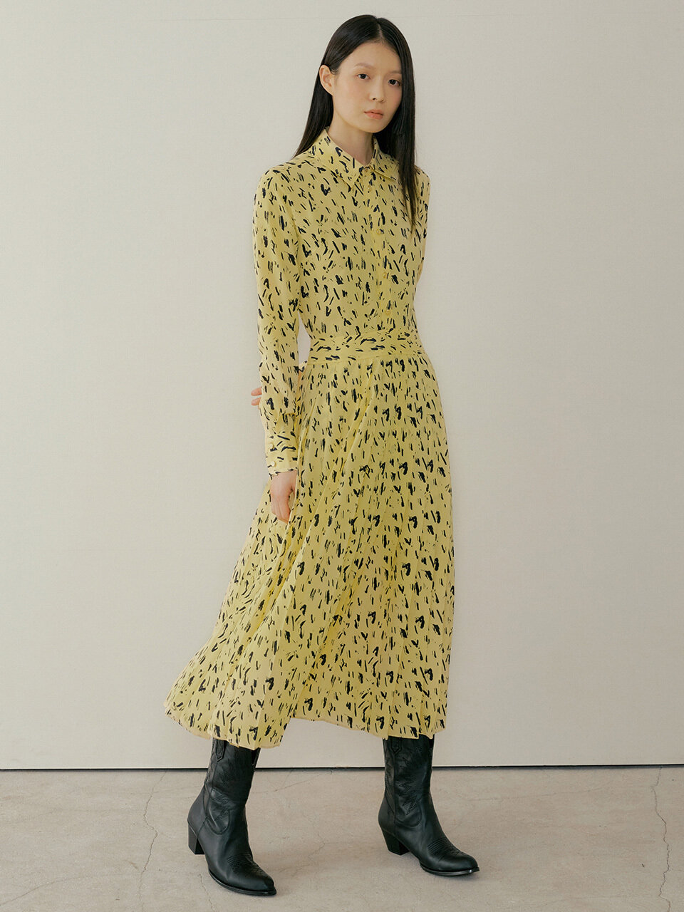 REORG Pod Pleated Shirt Dress_Ops Yellow