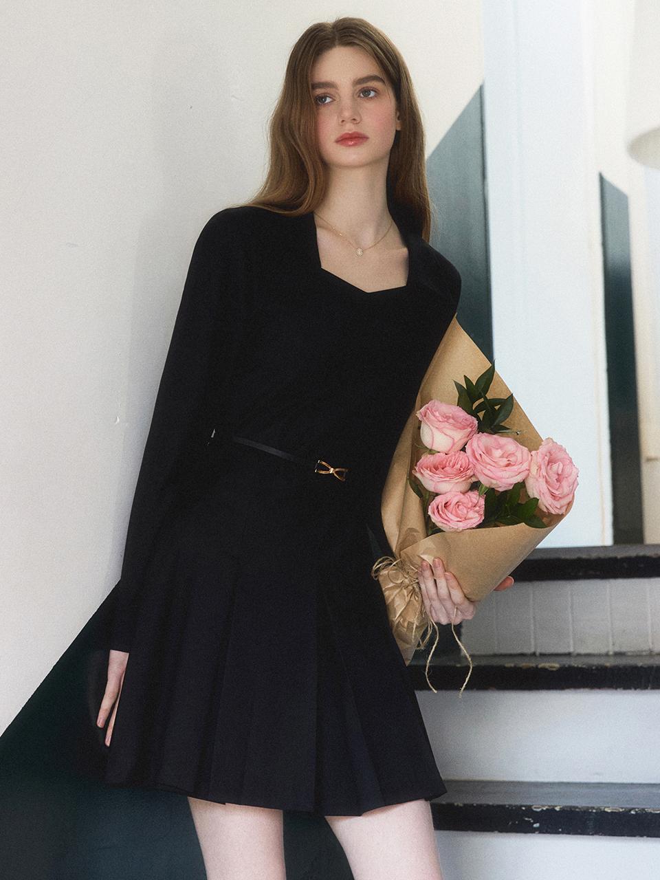 REORG Ranun Belted Pleated Mini Dress Black