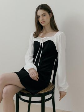 REORG Ribbon Square Neck Puff Long Sleeve Mini Dress [Black]