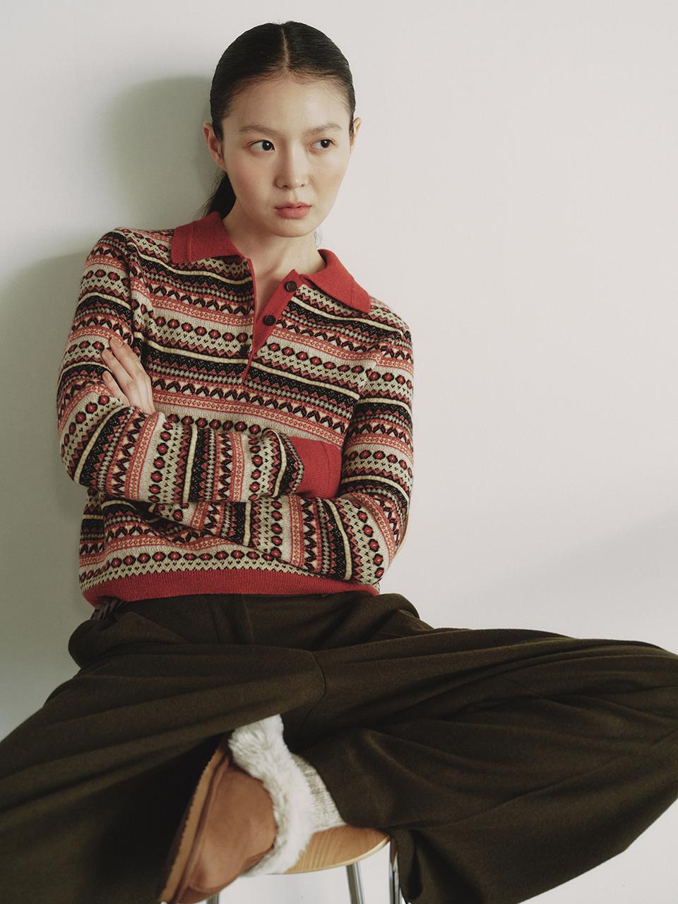 REPLAIN COLLAR JACQUARD TOP_RUST