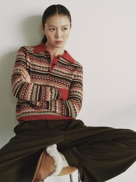 REPLAIN COLLAR JACQUARD TOP_RUST
