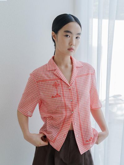 REPLAIN Cotton Blend Embroidery Shirt _ Red