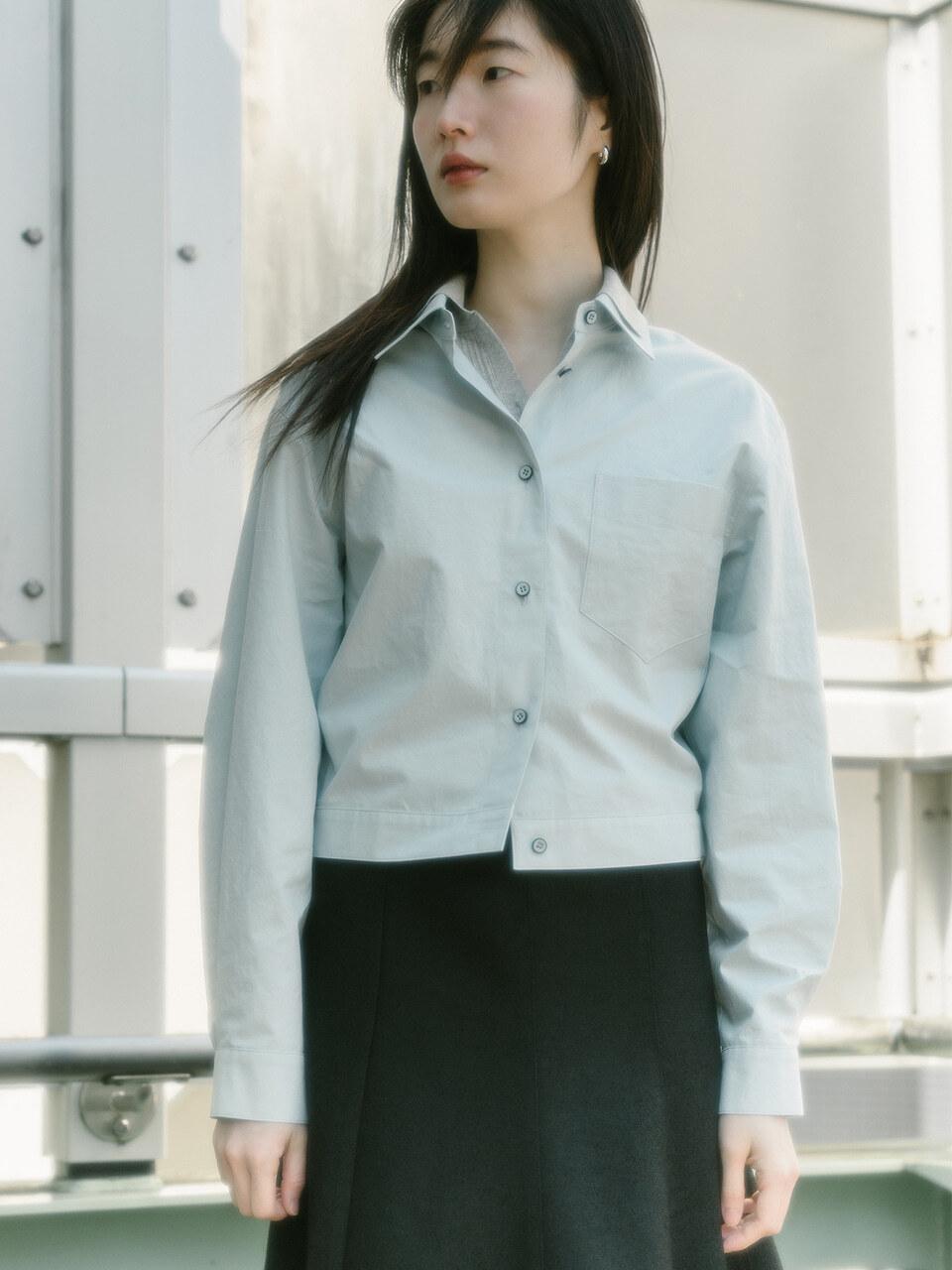 REPLAIN COTTON CROP SHIRT JACKET_LIGHT BLUE