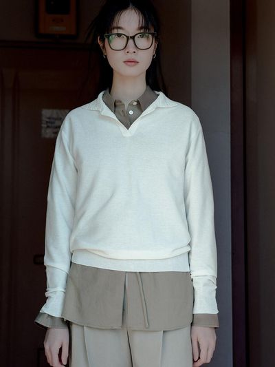 REPLAIN COTTON LOOSE COLLAR KNIT TOP_OFF WHITE